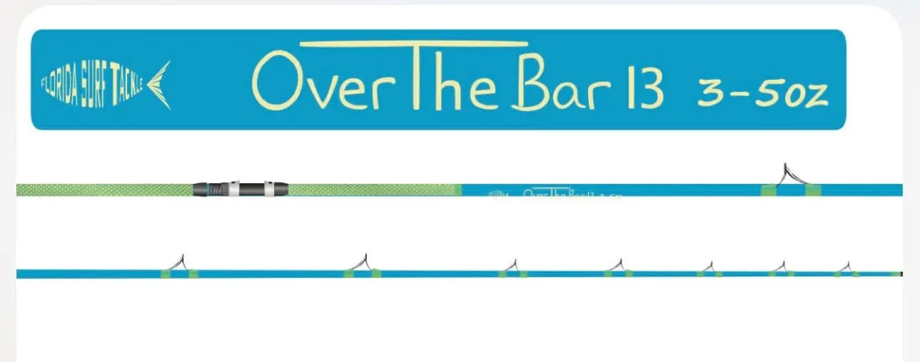 Over the Bar 13' Blue fishing rod with green wraps and grips 3
